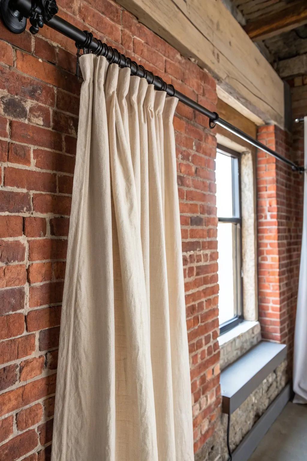 Embrace industrial elegance with drop cloth curtains against exposed brick for a chic, minimalist vibe.