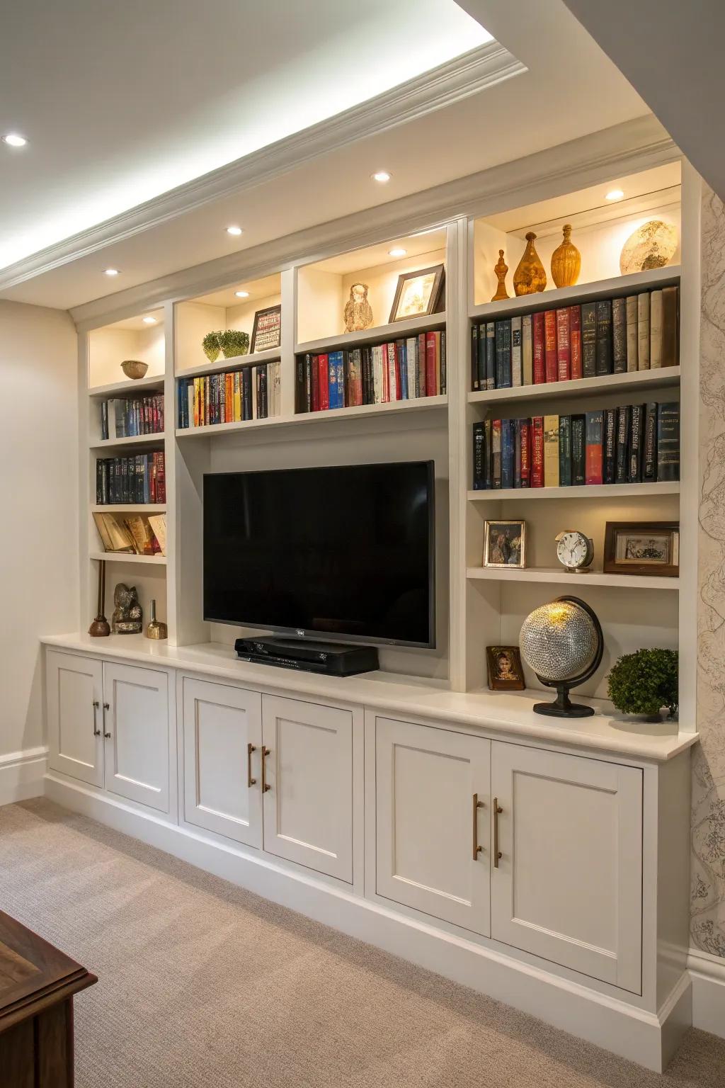 Transform your entertainment center into a stylish library haven—perfect for the modern book lover.