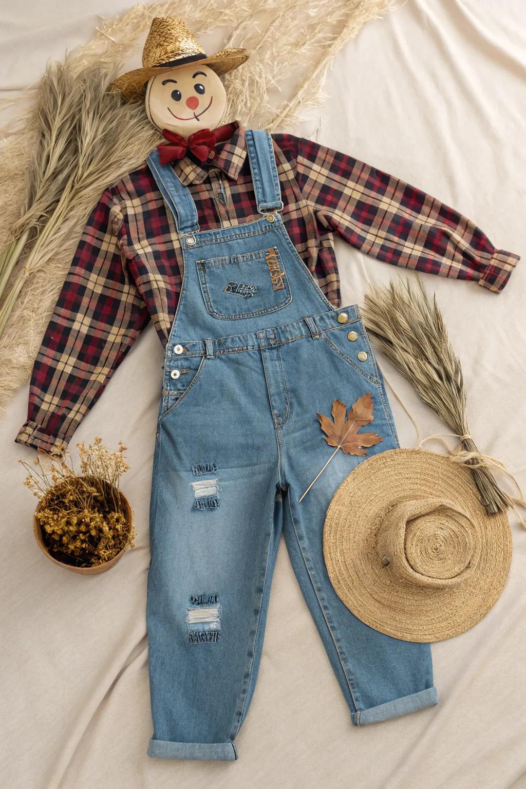 Craft a charming scarecrow costume with a touch of Scandinavian simplicity and boho flair for your little one's school adventure.