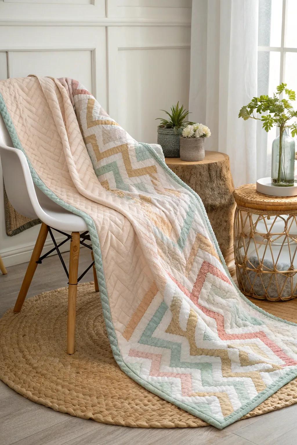 Embrace the dynamic elegance of the herringbone quilt, where simplicity meets artistry in every stitch.