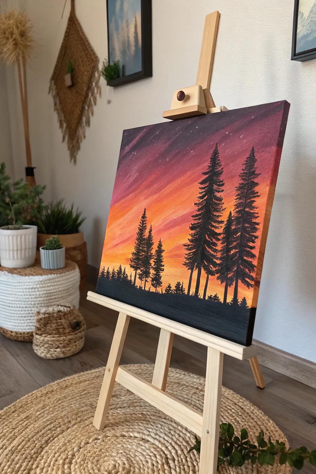 Capture the serenity of dusk with minimalist forest silhouettes against a radiant sunset sky. Embrace the art of simplicity and natural beauty.