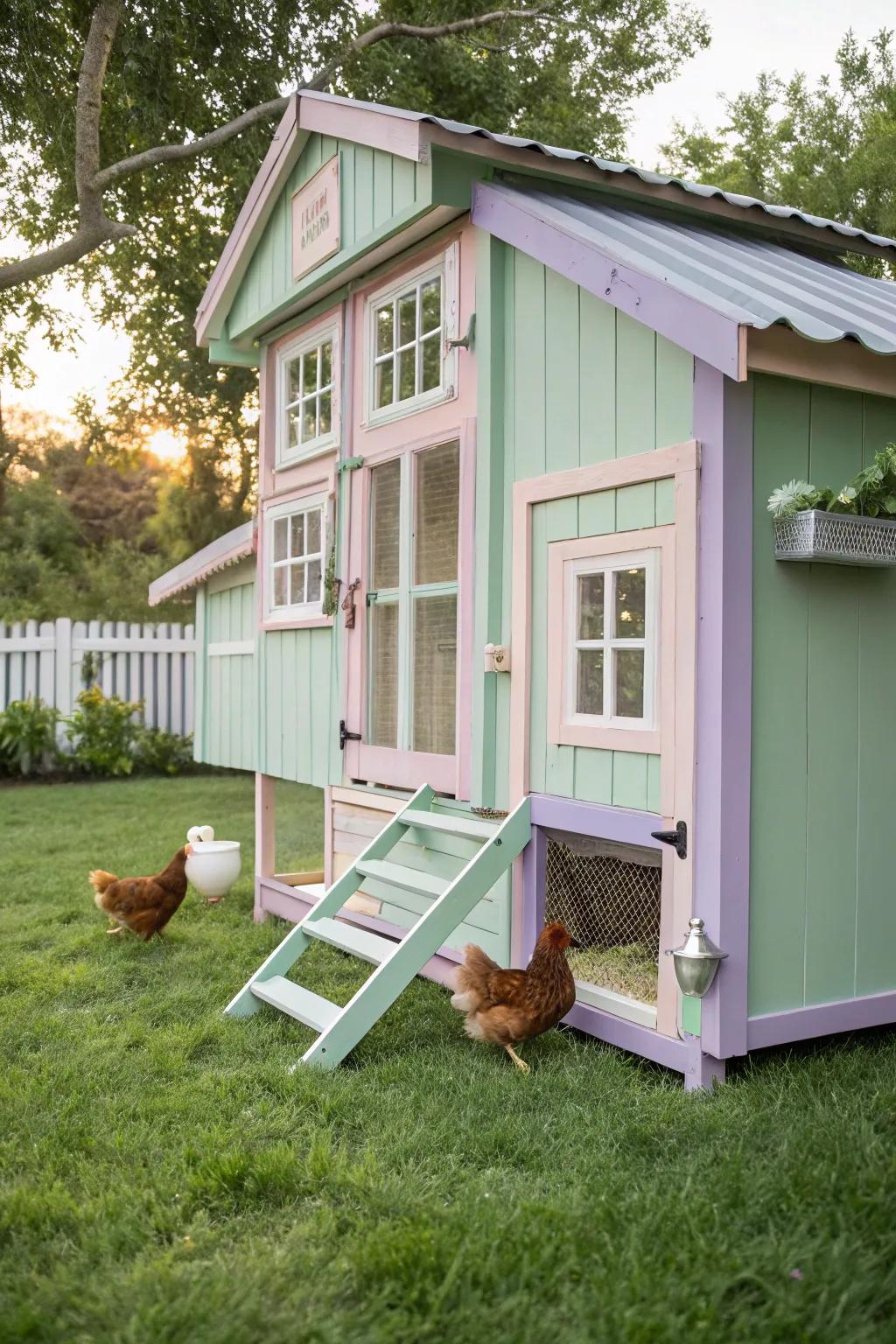 Brighten your backyard with a pastel-painted coop, where every day feels like a cheerful escape!