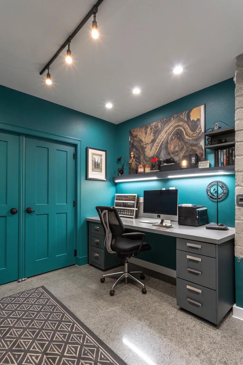 Transform your workspace with a bold teal focal wall for a modern and inspiring garage office.