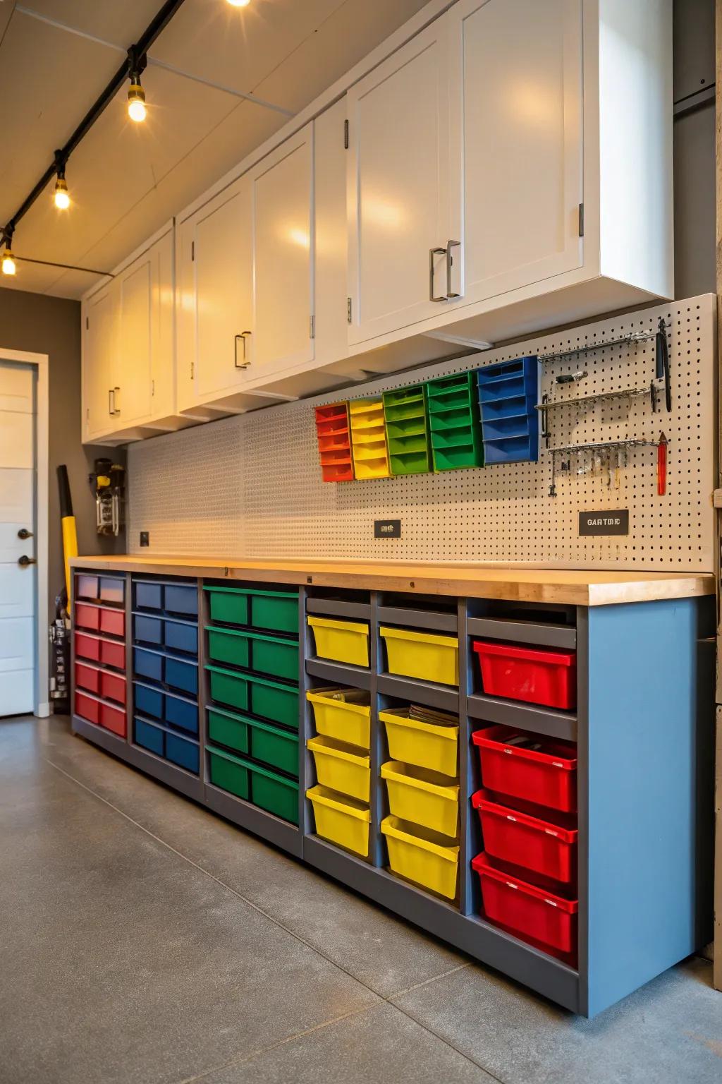 Transform your garage into a hub of organized creativity with colorful, coded bins.