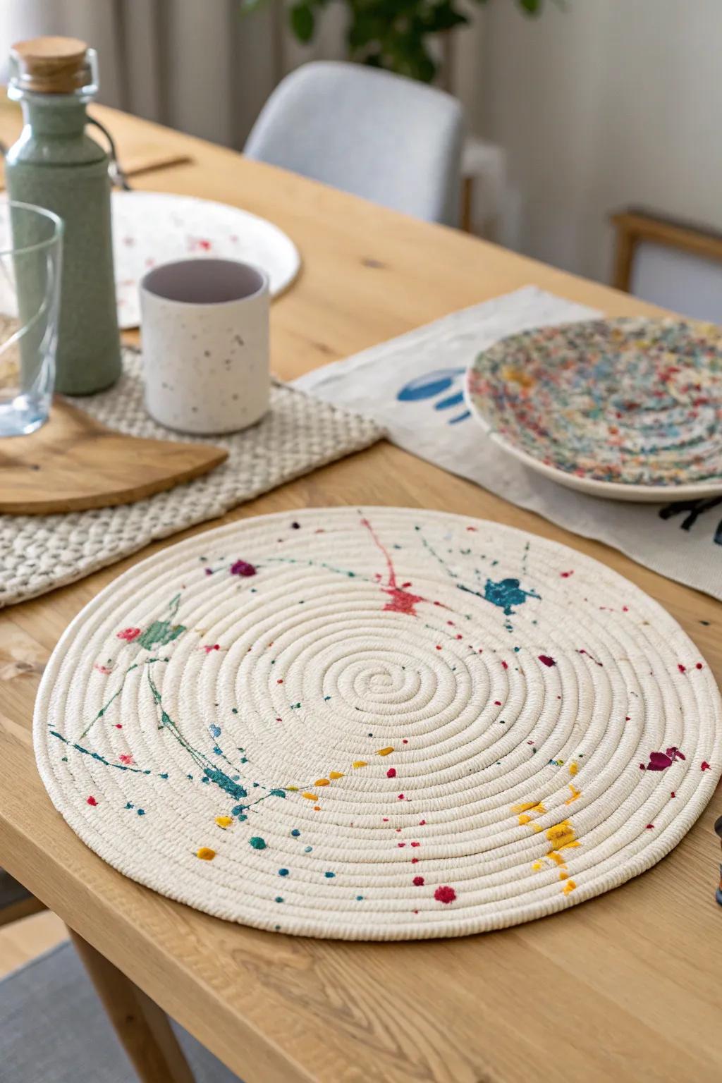 Elevate your dining experience with a touch of abstract art – handcrafted paint-splatter placemats bring creativity and color to your table.