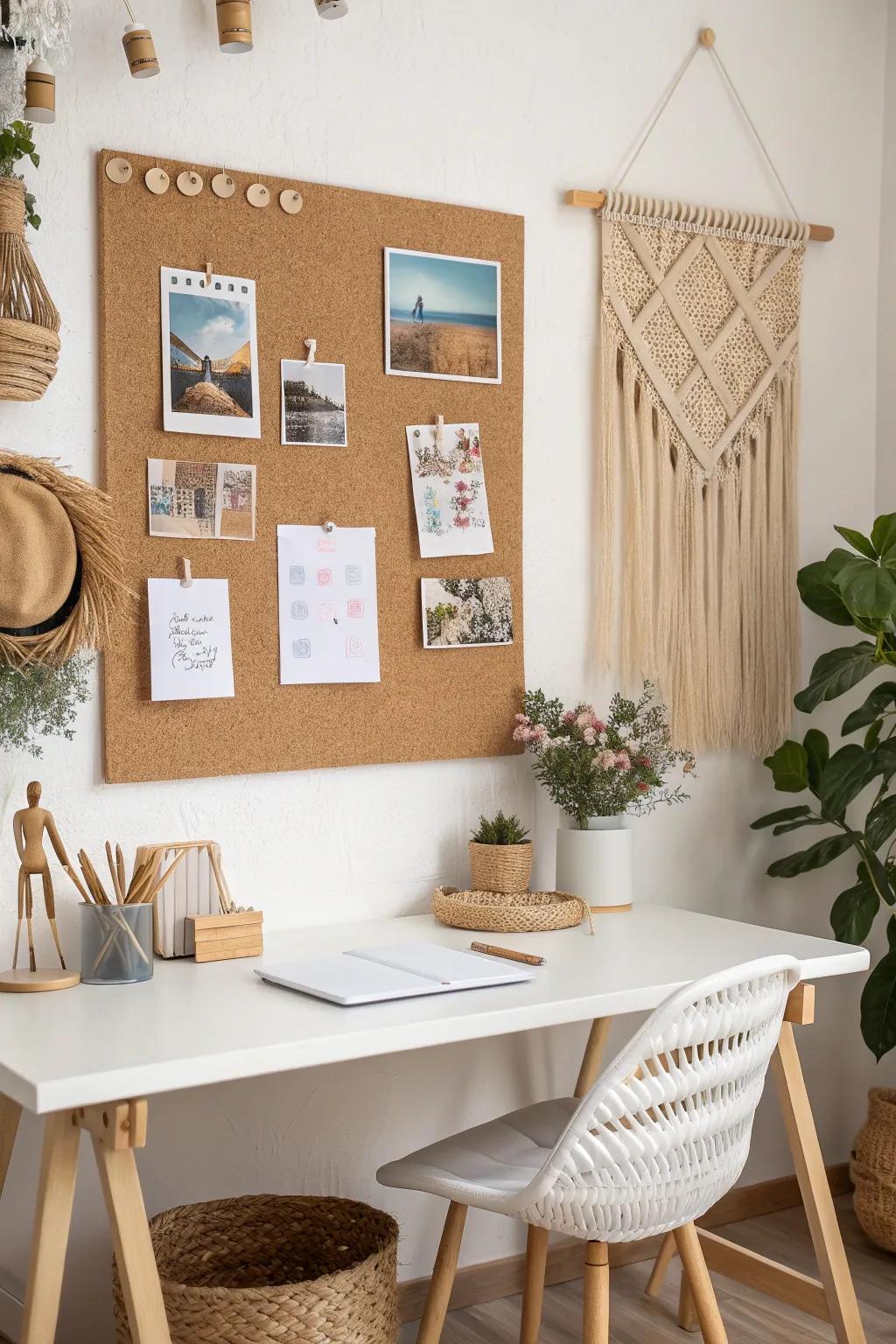 Elevate your home office with a chic corkboard wall for a blend of functionality and minimalist style.
