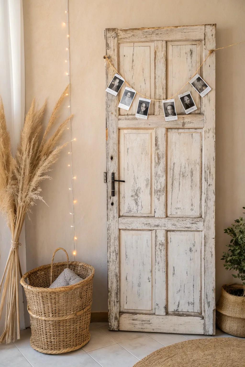 Transform an old door into a charming photo display that adds warmth and character to your space.