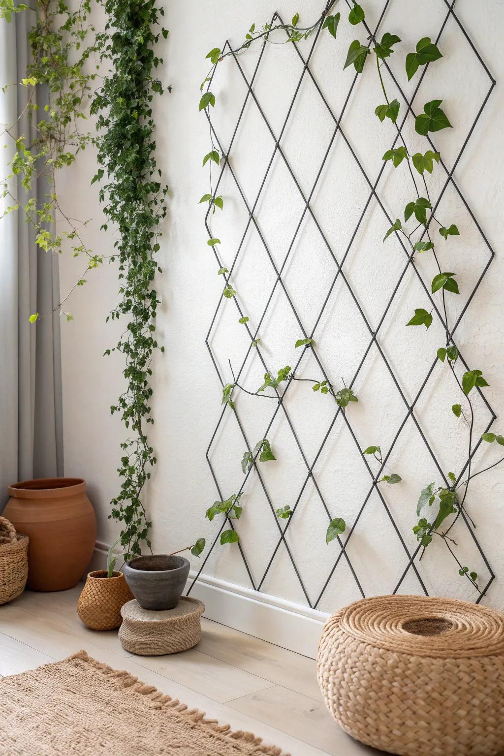 Embrace simplicity with a minimalist wire trellis that lets your plants shine.