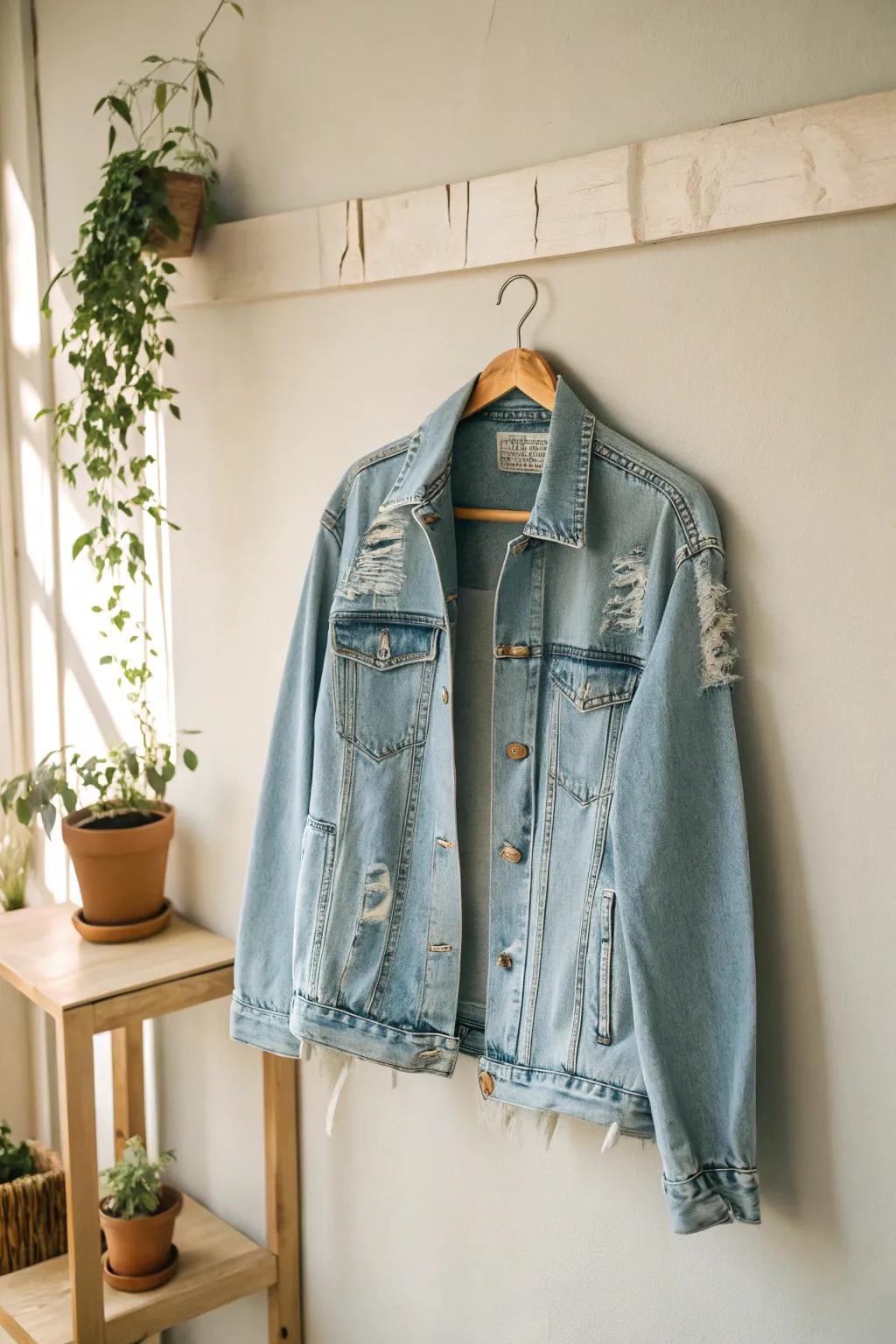 Embrace the story in every rip. This jean jacket captures the essence of adventures past with its raw, distressed beauty.