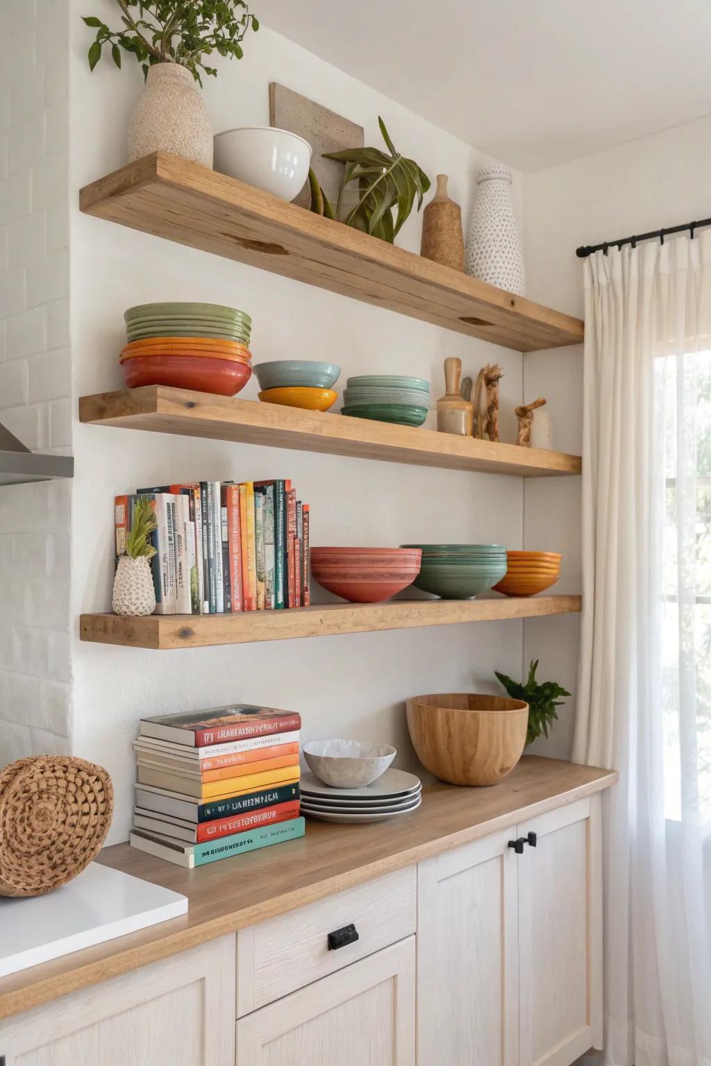 Showcase your style with an open shelving hybrid that highlights your favorite kitchen treasures effortlessly.