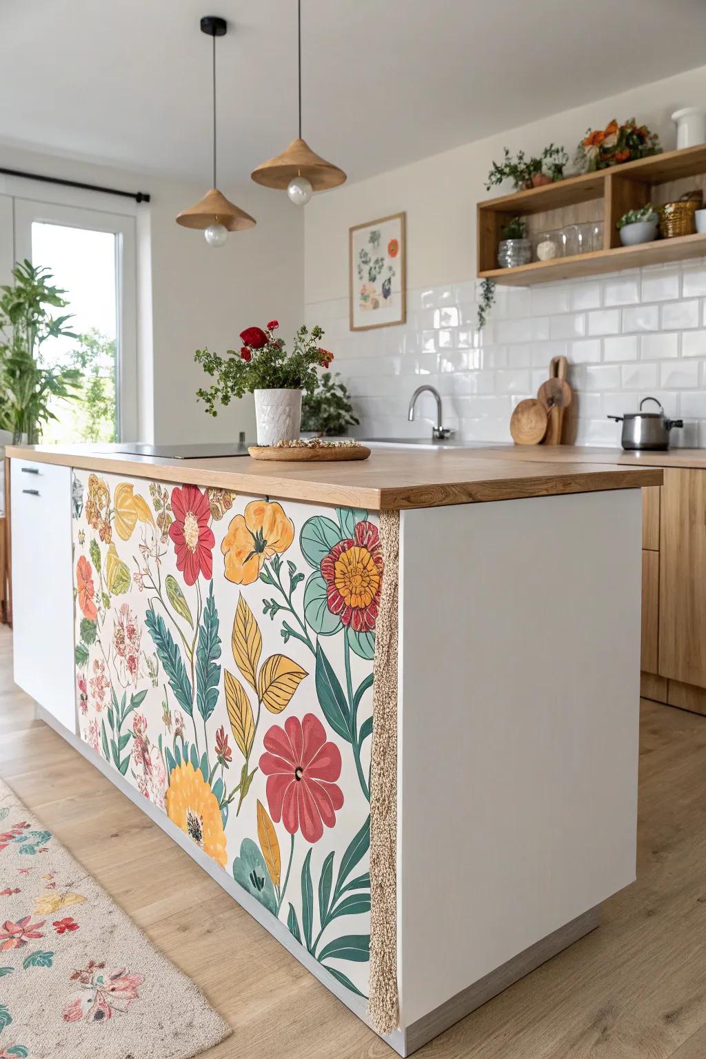 Brighten your kitchen with playful floral fabric panels for a touch of cheer!