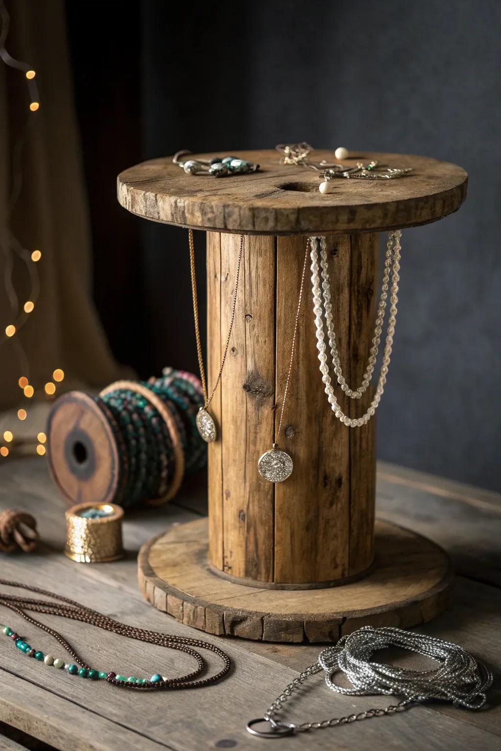 Craft a stylish statement with this unique wooden spool jewelry holder.