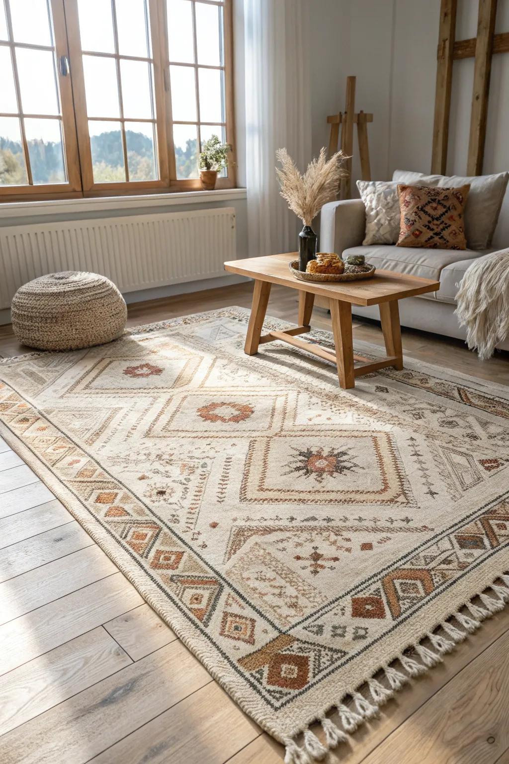 Transform your space with a stunning statement rug that blends minimalist elegance with boho charm.