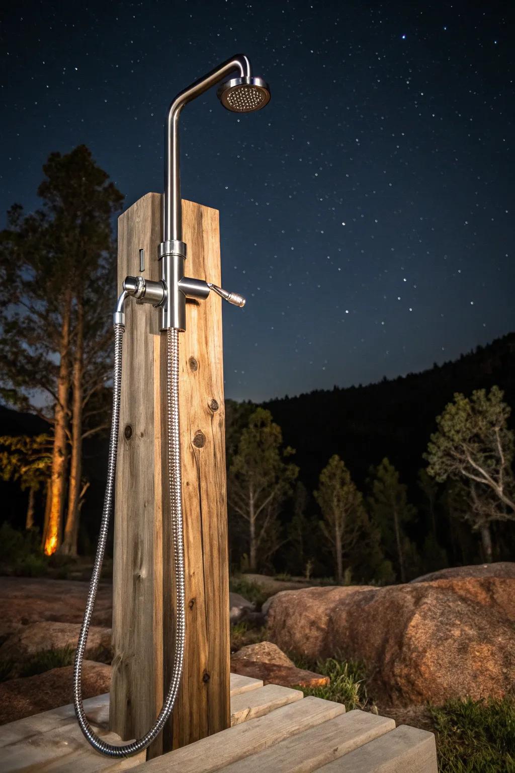 Experience the ultimate freedom with a minimalist outdoor shower under the stars.