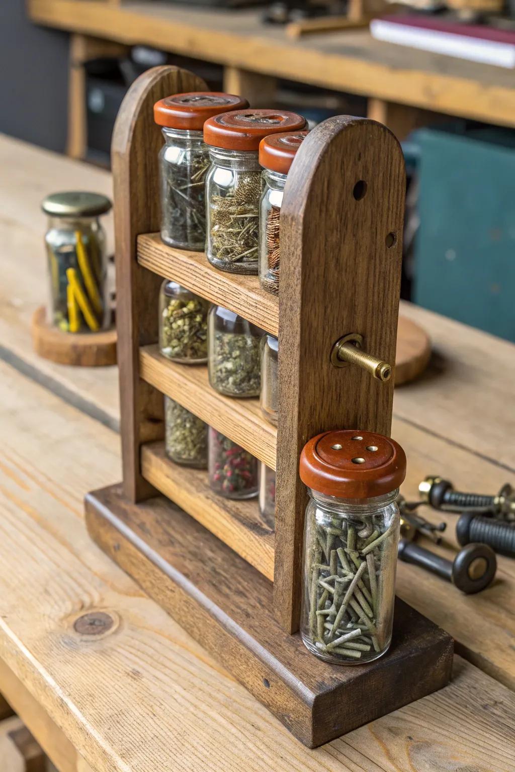 Transform your workspace with a stylish twist: repurpose a spice rack for efficient parts storage.