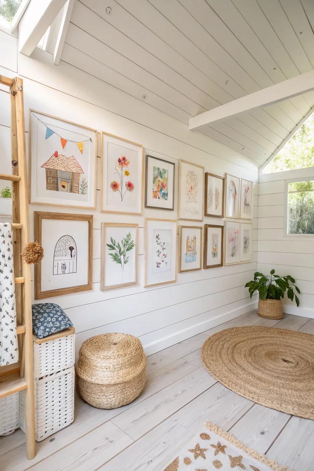 Celebrate creativity with a minimalist home art gallery, showcasing your child's masterpieces in a charming playhouse setting.