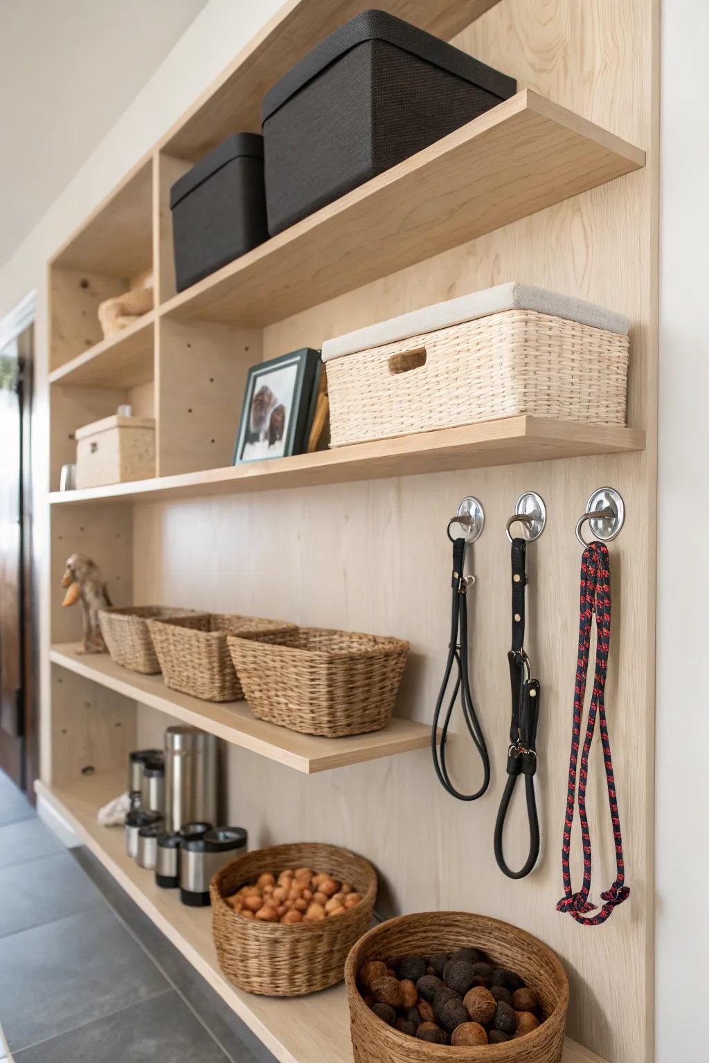 Elevate your pet organization game with this stylish plywood shelf setup. Perfect for keeping all your doggie essentials in one chic place!