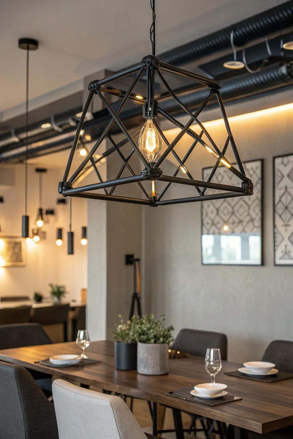 Transform your dining space with a striking DIY PVC light fixture that exudes industrial charm.