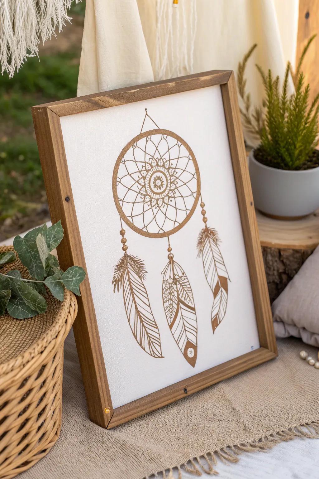 Capture the essence of boho chic with this handcrafted dreamcatcher canvas, perfect for adding a touch of tranquility to your space.