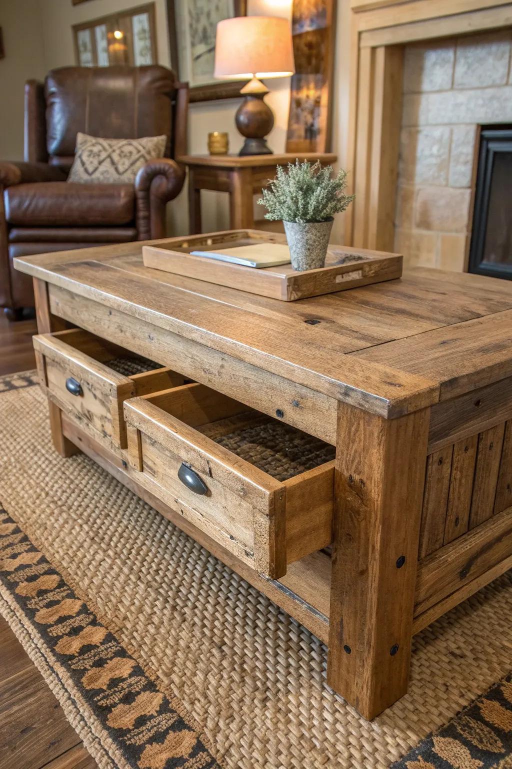Elevate your living room with a rustic coffee table that combines style and functionality. #RusticCharm