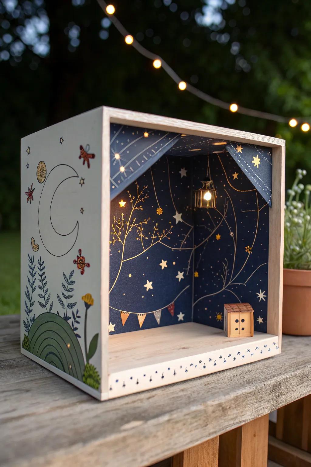 Step into a magical night with glowing bugs and constellations in this enchanting shoebox theatre.