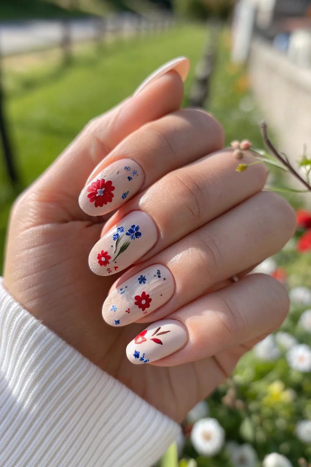 Embrace the charm of floral Fourth of July nails, perfect for celebrating in style at garden parties.