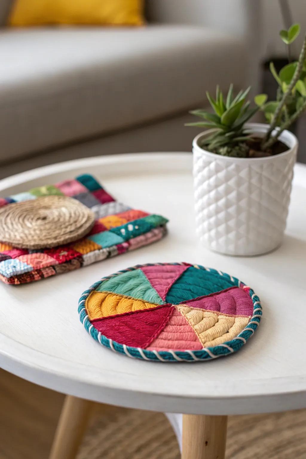 Add a splash of color to your table with these unique upcycled t-shirt coasters!