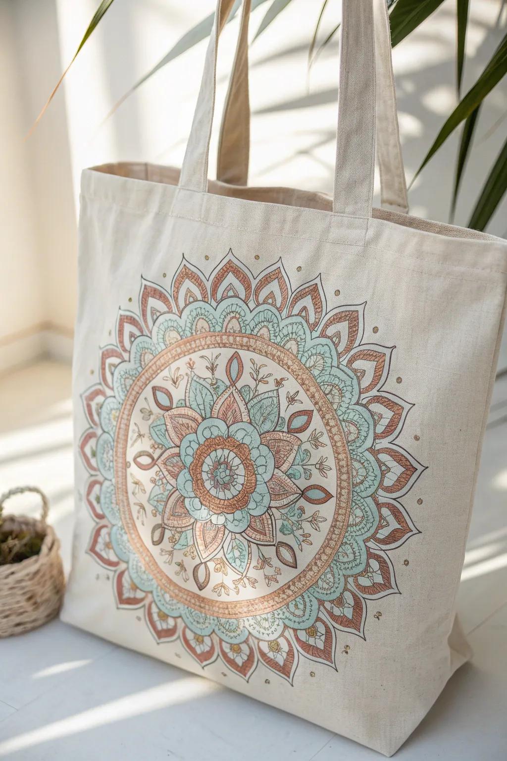 Embrace tranquility with hand-painted mandalas on your tote bag.