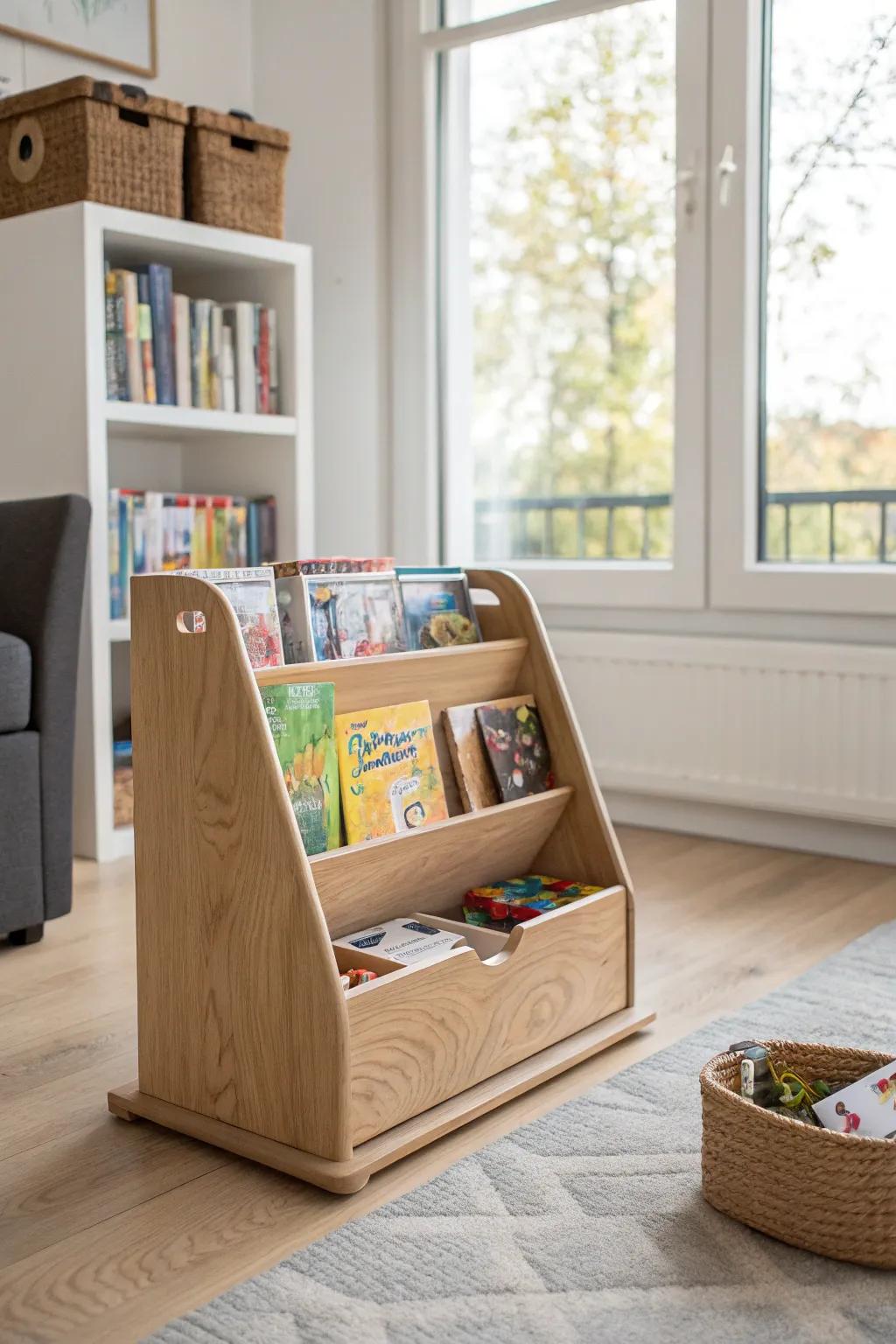 Transform chaos into calm with a stylish magazine holder for easy playroom organization.