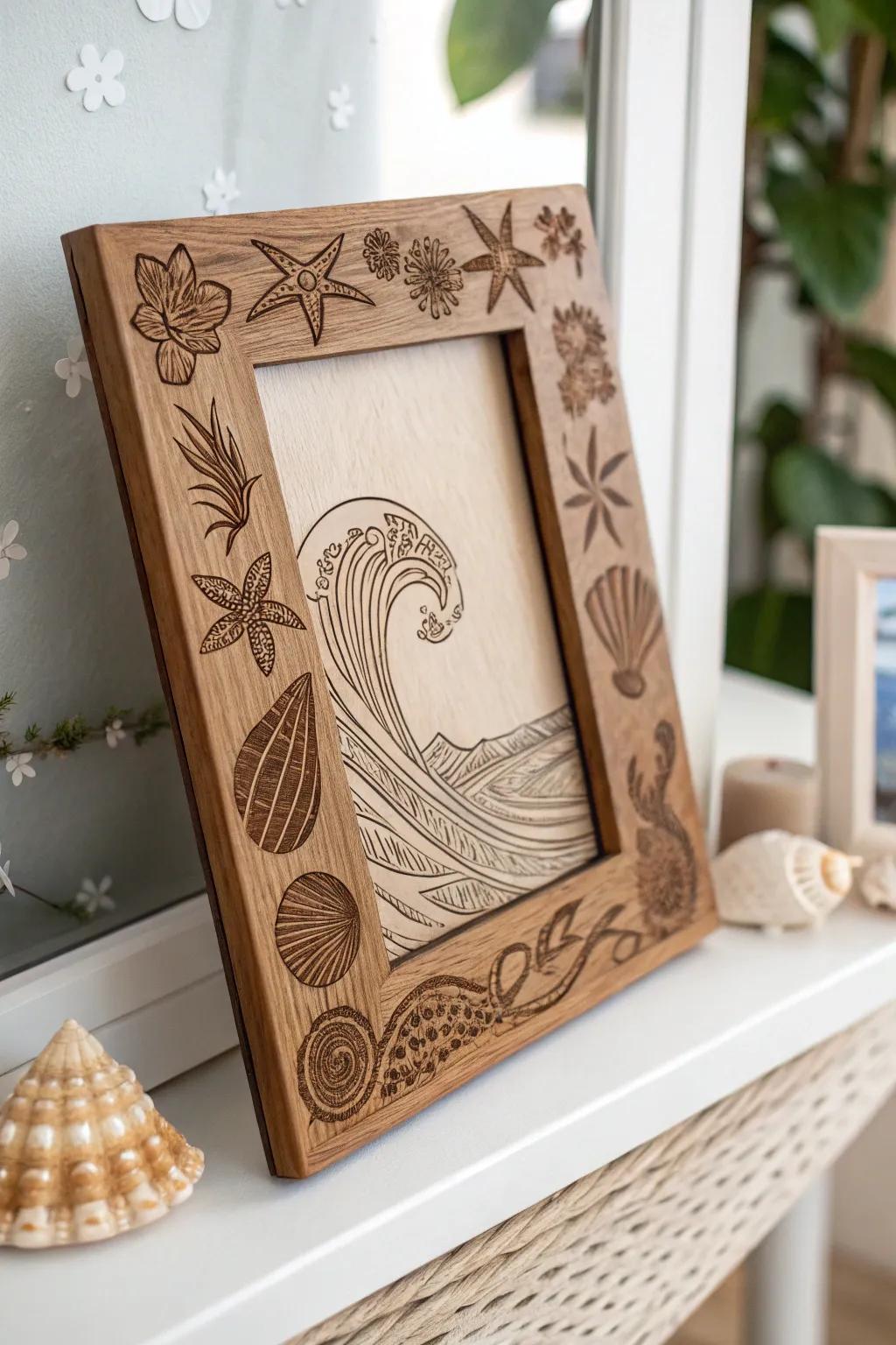 Bring the serenity of the ocean into your home with this handcrafted wave-patterned frame.
