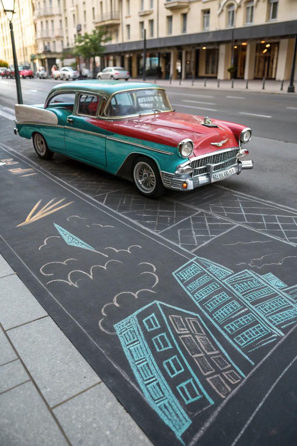 Bring nostalgic charm to life with vibrant chalk art, capturing the elegance of a vintage car on a minimalist city street.
