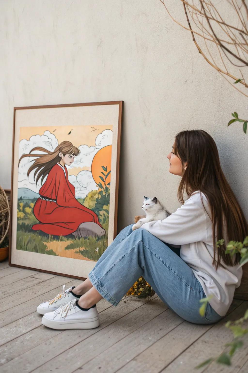 Discover serenity and companionship in art: Anime girl and her feline friend in minimalist elegance.
