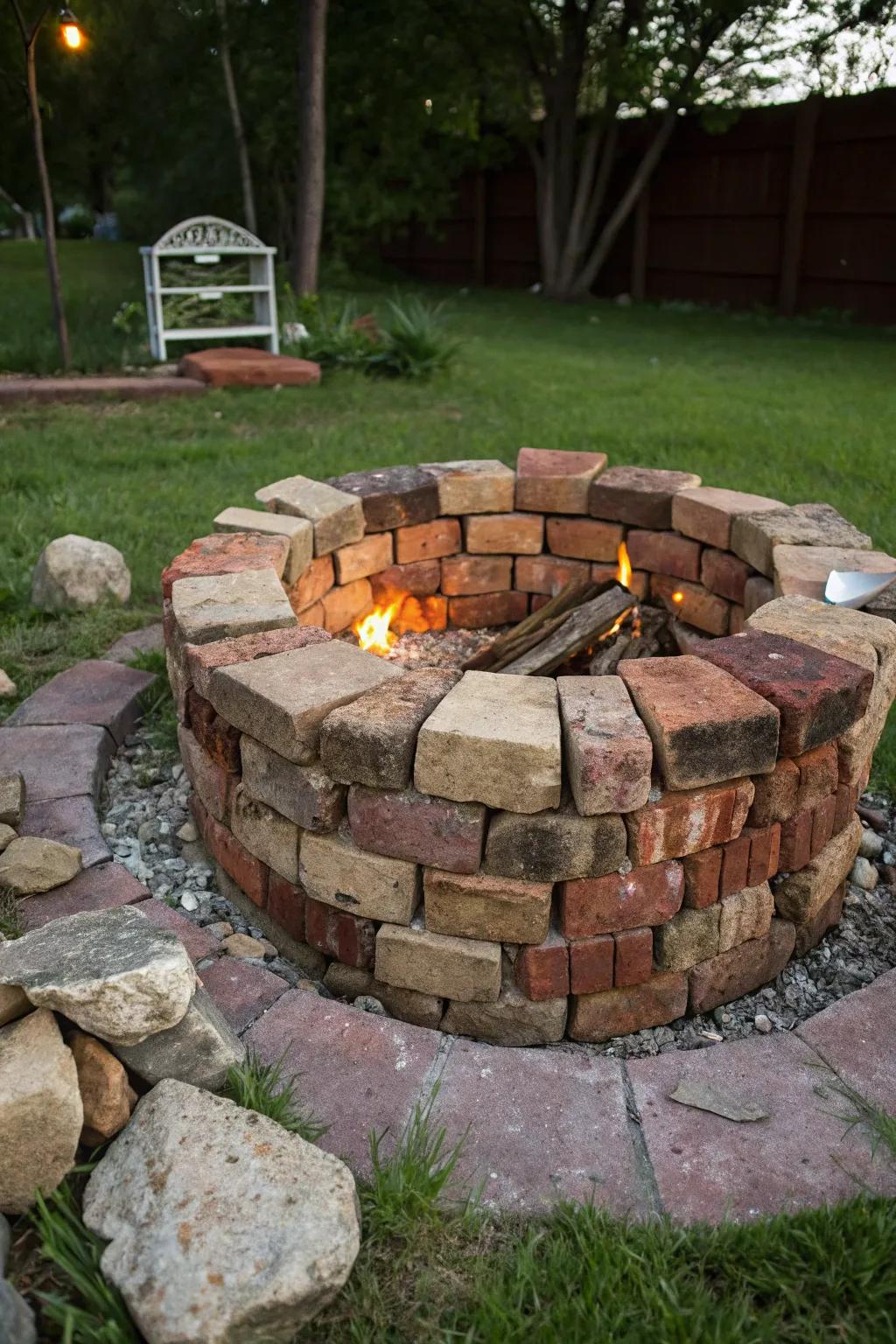 Craft your own backyard haven with a fire pit built from reclaimed bricks, where history meets sustainability.