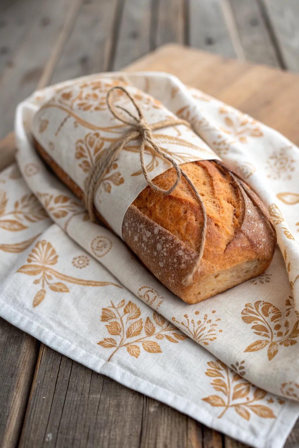 Transform your homemade bread into a thoughtful gift with a chic fabric wrap.