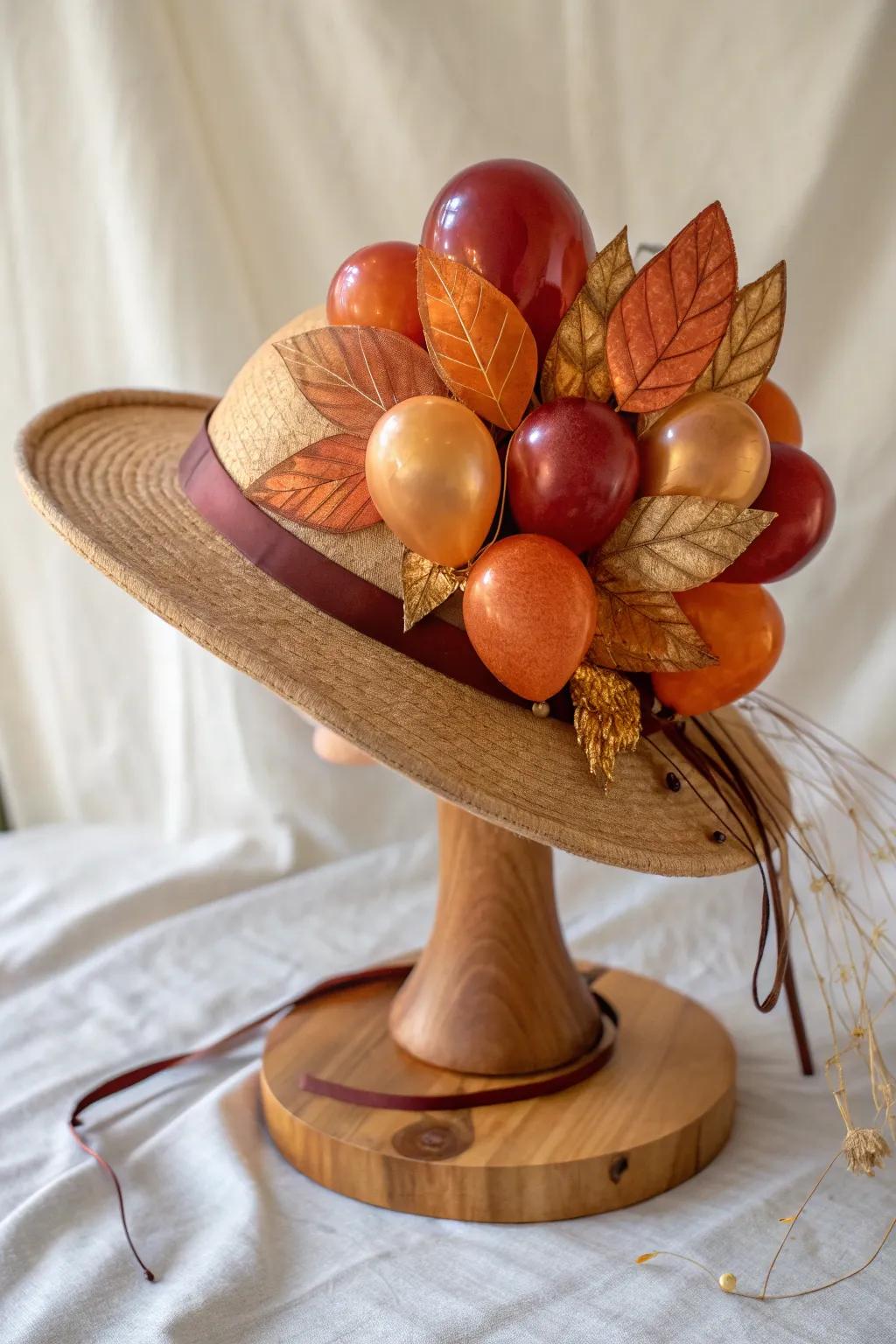 Embrace the season with a stunning autumn-inspired balloon hat, a perfect blend of simplicity and nature's splendor.