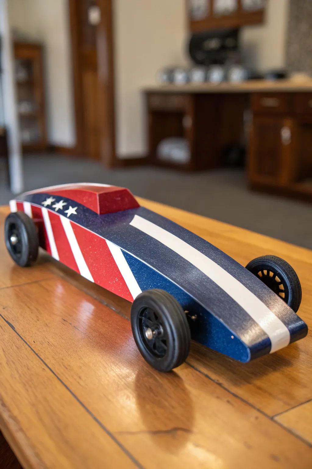 Stand out on the track with this colorful flag-patterned pinewood derby car.