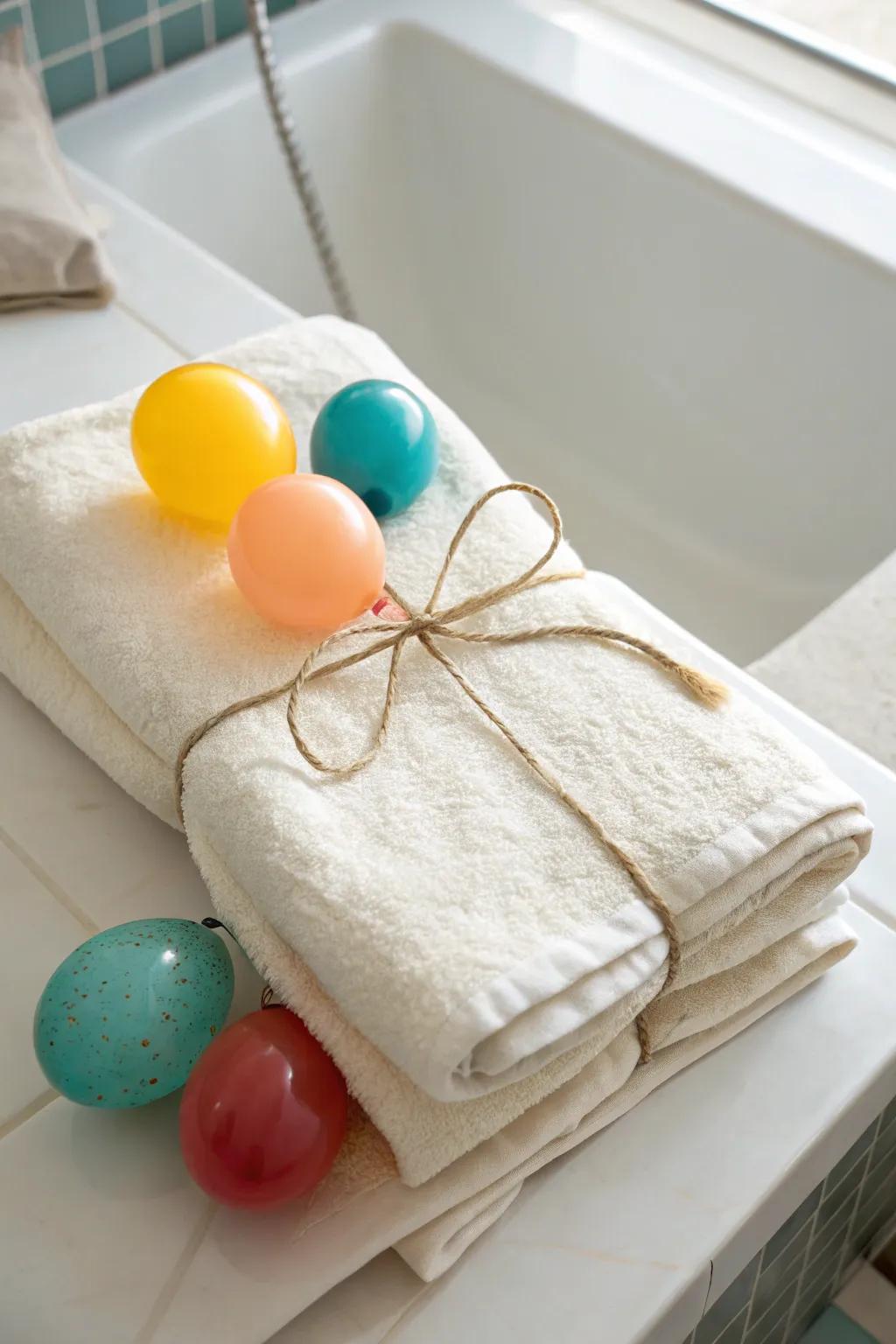 Elevate your gift-giving with a touch of playful elegance: bath towel wrapped with colorful balloons.
