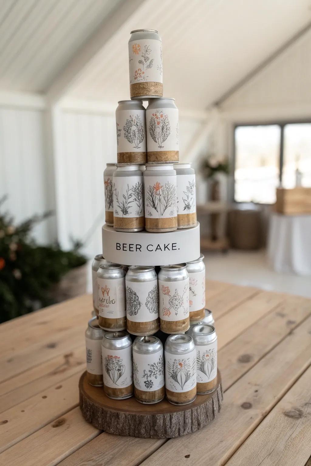 Elevate your celebration with a personalized beer cake tower that blends minimalist elegance with boho charm.