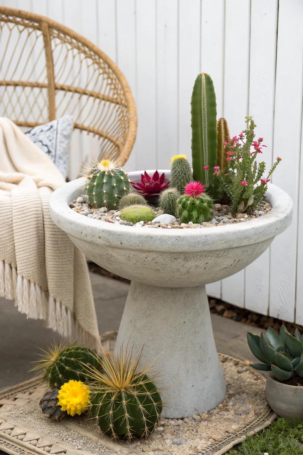 Transform your garden with a stunning cacti bird bath centerpiece—where minimalism meets vibrant beauty!