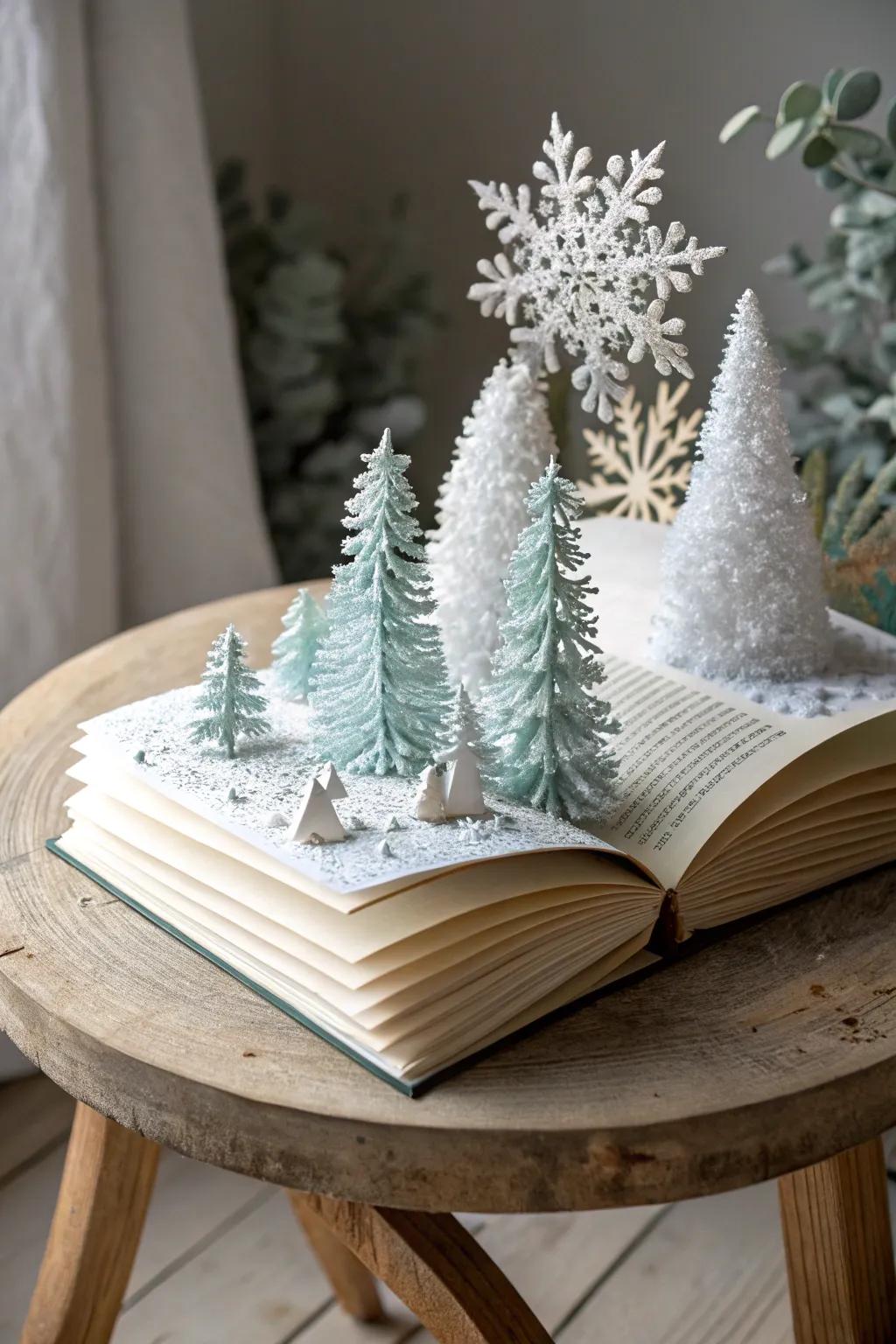 Transform your space with a winter wonderland book sculpture, where craftsmanship meets seasonal charm.