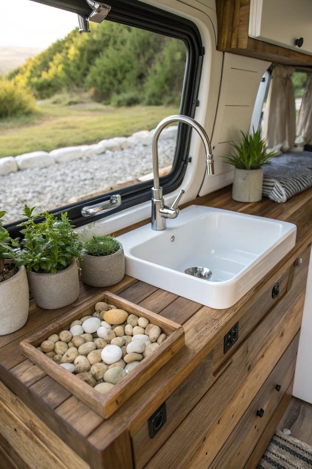 Elevate your campervan experience with a stylish, eco-friendly faucet that saves water and enhances natural beauty.