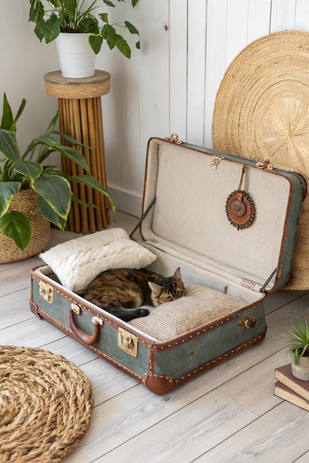 Transform vintage charm into cozy elegance with this suitcase cat bed.