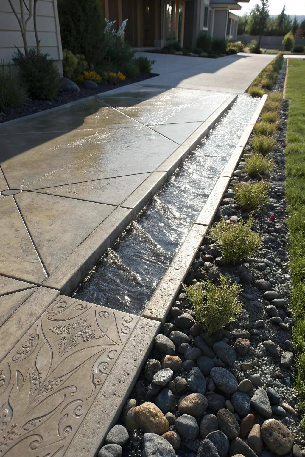 Elevate your entrance with a beautifully crafted concrete sidewalk and serene water feature.