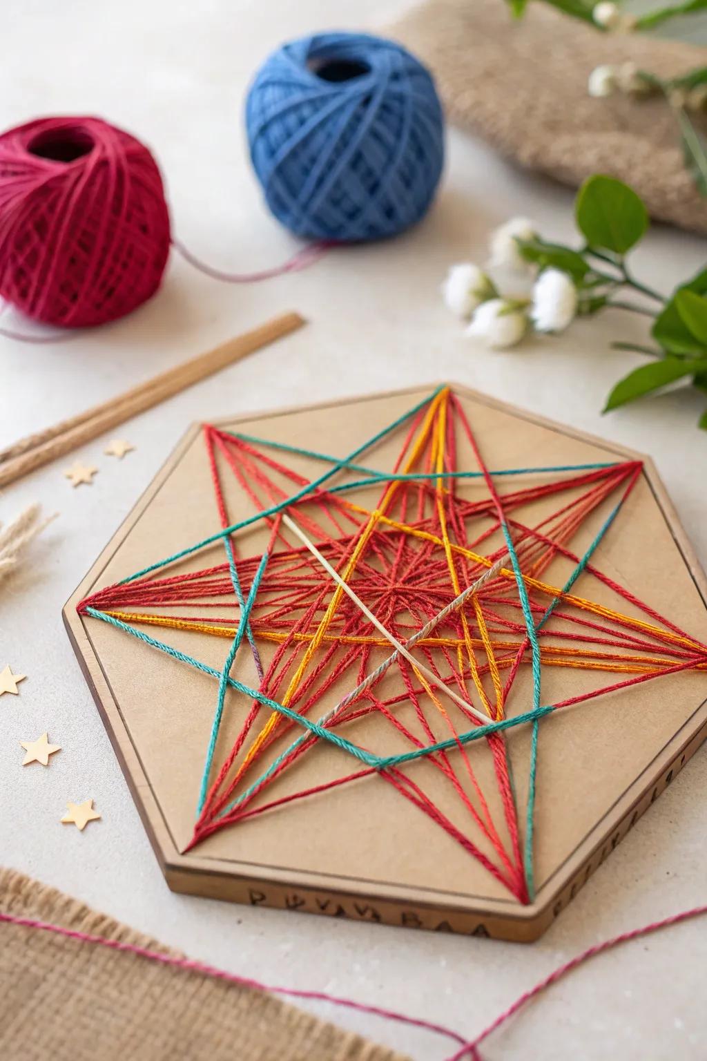 Discover the beauty of shapes and colors with this vibrant string art masterpiece.