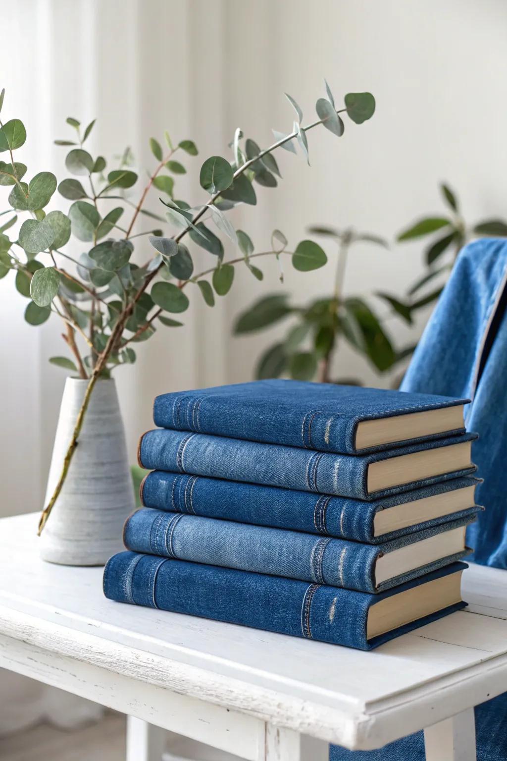 Elevate your decor with denim-covered books: a chic blend of minimalism and boho flair.