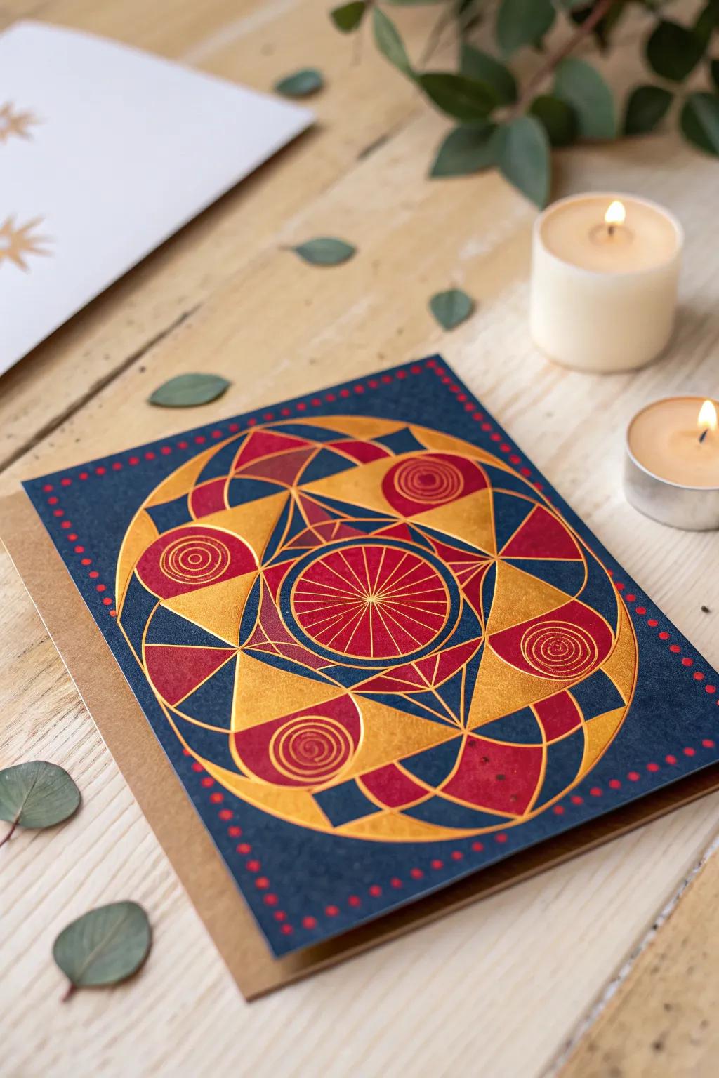 Elevate your Diwali greetings with a modern twist: bold geometric patterns that captivate and charm.