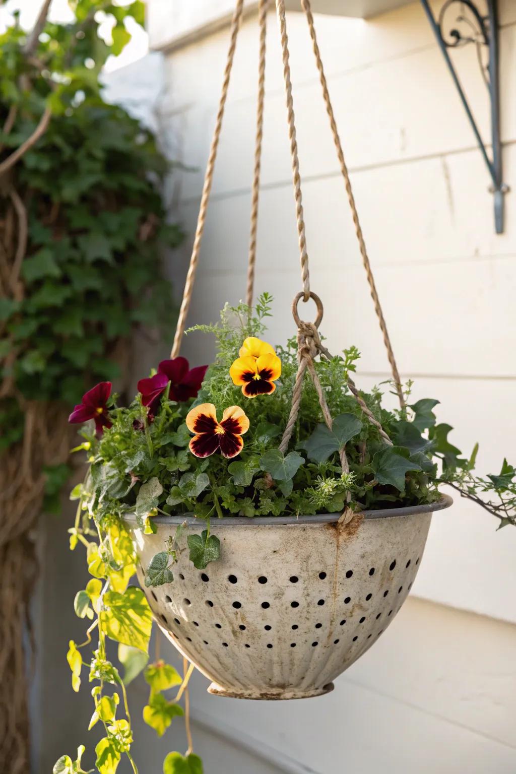 Transform vintage colanders into charming hanging baskets for a stunning garden display. #SustainableStyle #DIYGarden