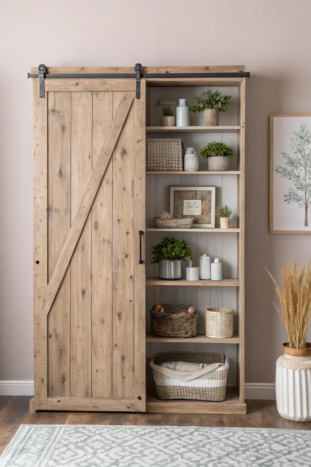Hide clutter in style with charming sliding barn door shelves, where rustic meets minimalist elegance.