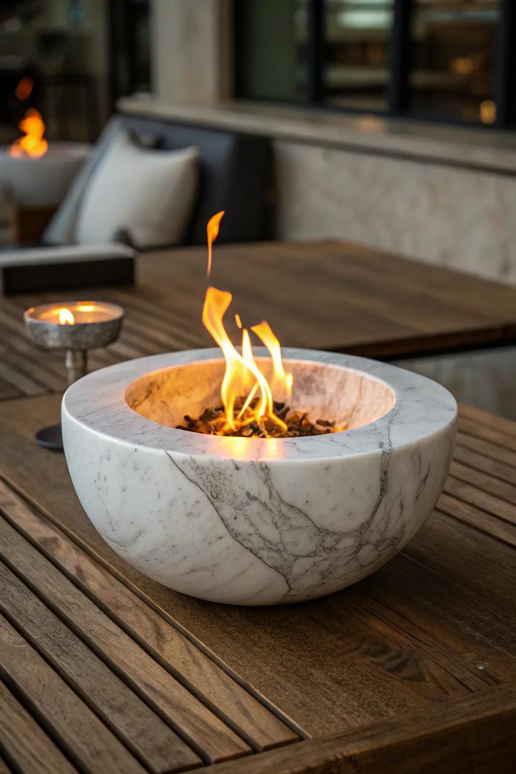 Elegance in Flames: A Marble Bowl Transforms into a Tabletop Fire Pit Masterpiece