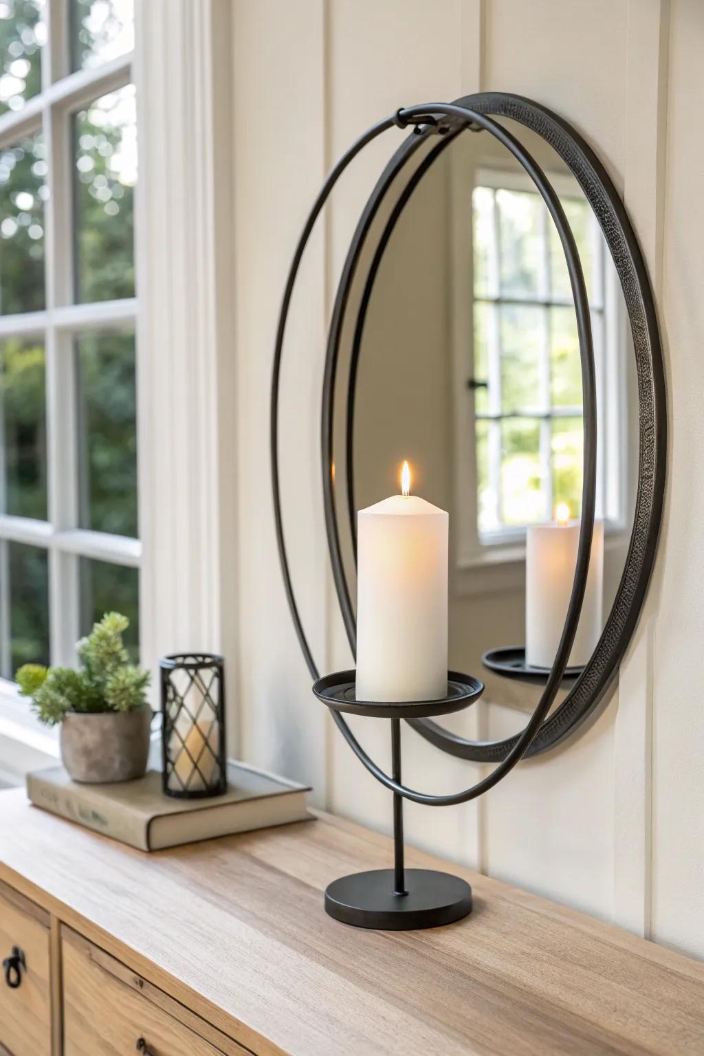 Transform your space with a mirror-backed candle holder that amplifies warmth and style.